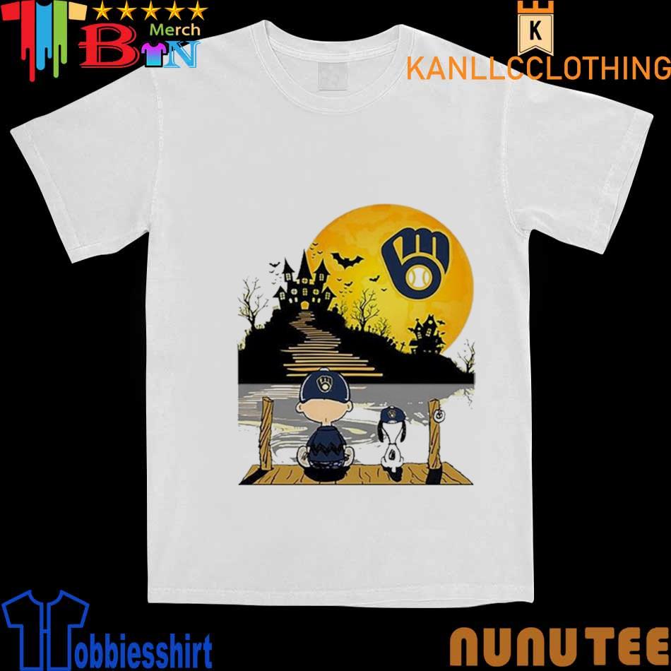 Funny Snoopy Charlie Brown Sit Under Moon Milwaukee Brewers Halloween Shirt,  hoodie, sweater, long sleeve and tank top